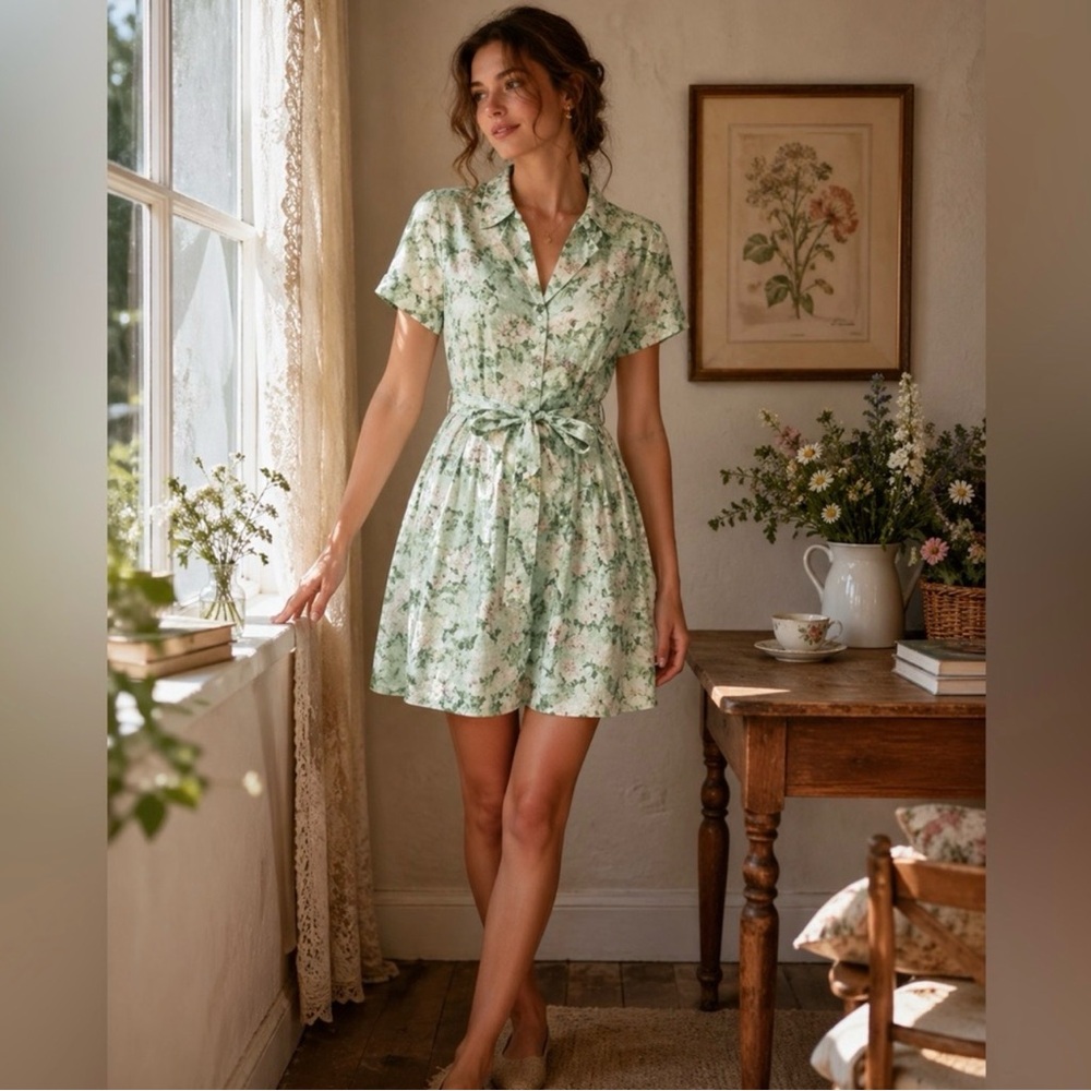 Hill House Linen Laura mini dress Green Floral Tie-Waist Short Sleeve